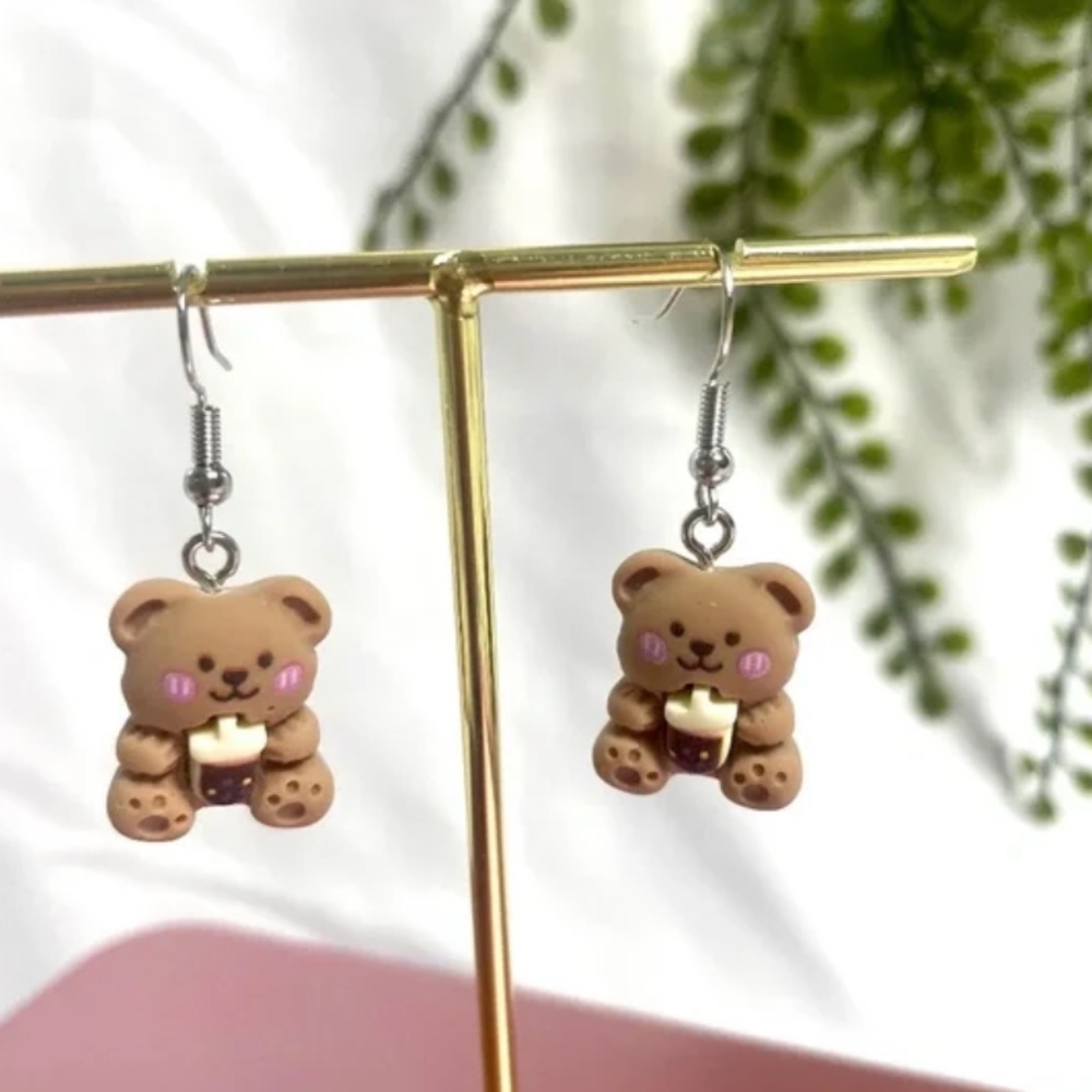 ❤️ FREE Bear Drink Boba Cute Coffee Animal Drop Girly Chic Glam Artsy Earrings